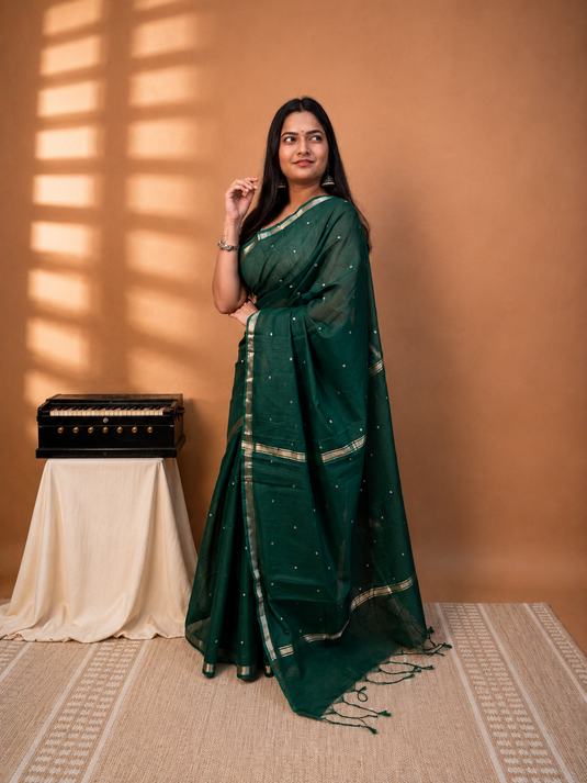Dark Green Mul Chanderi Zari Weaving Saree