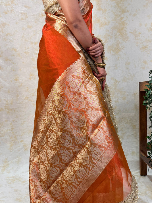 Orange Tissue Silk Saree With Lace Border