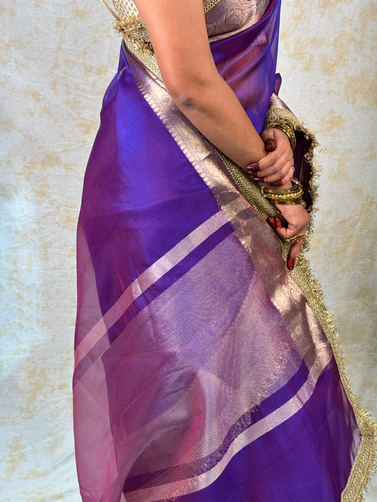 Purple Tissue Silk Saree With Lace Border