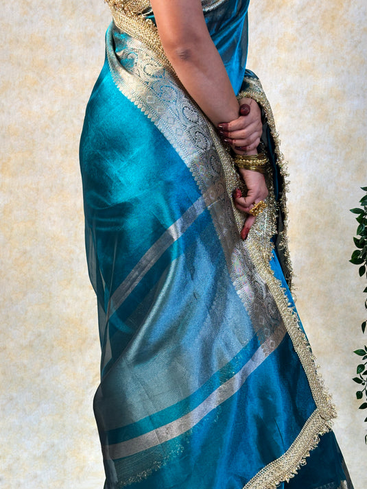 Blue Tissue Silk Saree With Lace Border