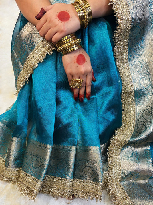 Blue Tissue Silk Saree With Lace Border