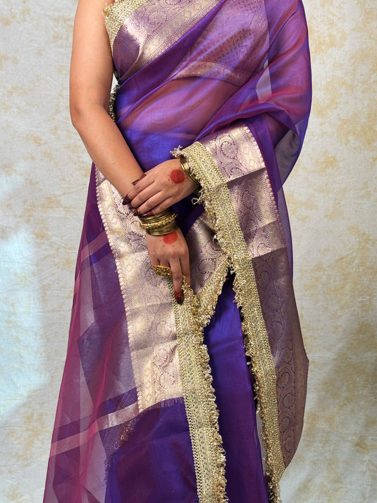 Purple Tissue Silk Saree With Lace Border