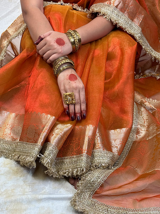 Orange Tissue Silk Saree With Lace Border