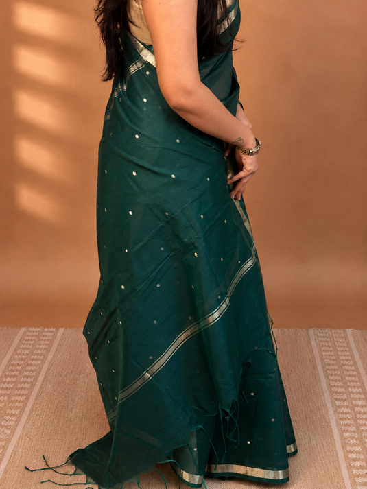 Dark Green Mul Chanderi Zari Weaving Saree