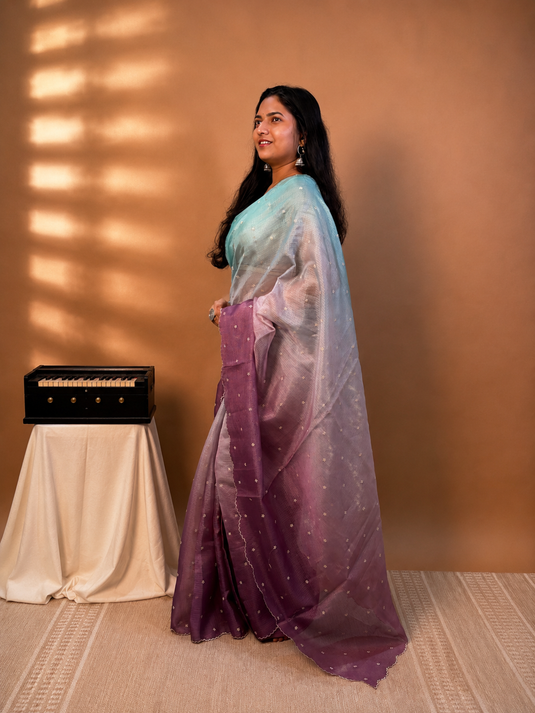 Purple and Blue Kota Silk Ombre Saree