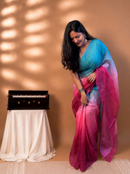 Blue and Pink Kota Silk Ombre Saree