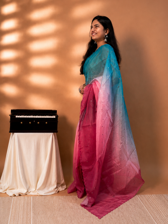 Blue and Pink Kota Silk Ombre Saree
