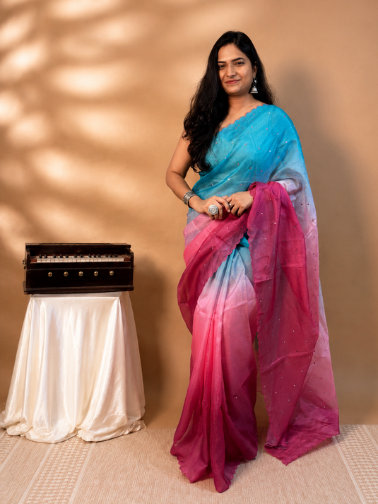 Blue and Pink Kota Silk Ombre Saree