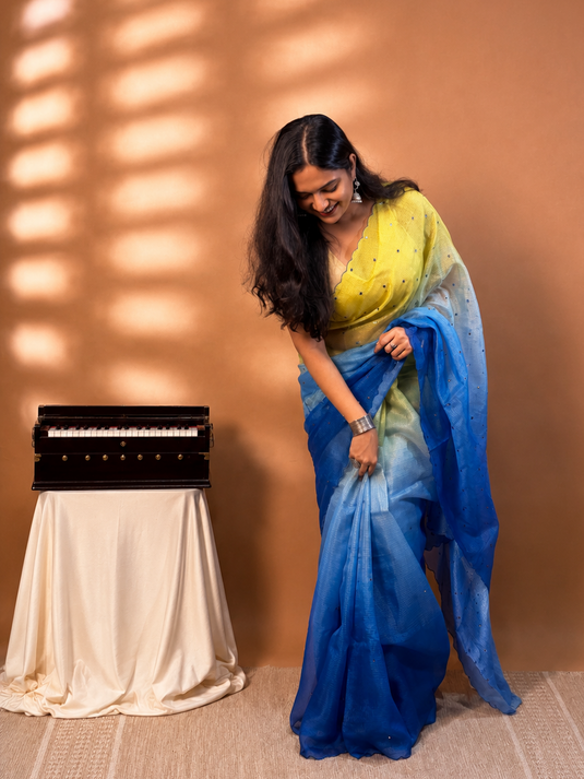 Blue and Yellow Kota Silk Ombre Saree