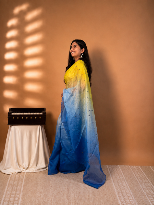 Blue and Yellow Kota Silk Ombre Saree