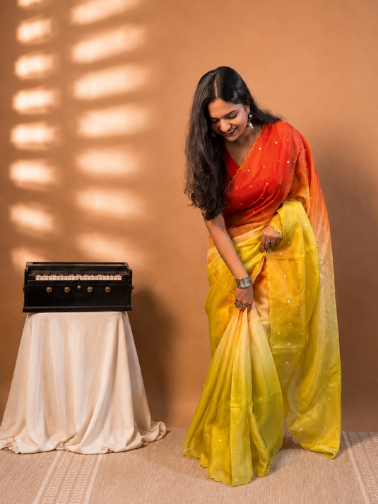 Orange and Yellow Kota Silk Ombre Saree