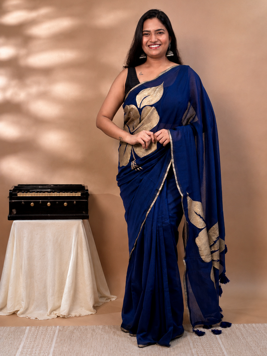 Blue Cotton Hand Painted Saree