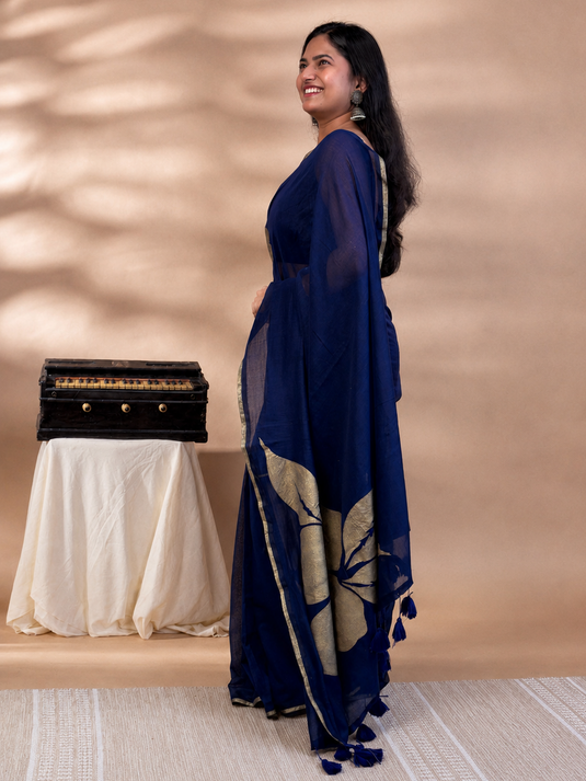 Blue Cotton Hand Painted Saree