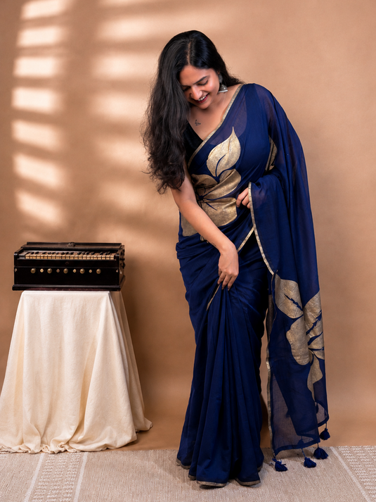 Blue Cotton Hand Painted Saree