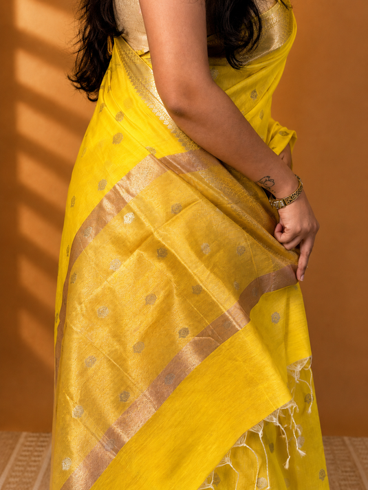 Yellow Mul Chanderi Zari Weaving Saree