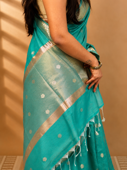 Teal Mul Chanderi Zari Weaving Saree