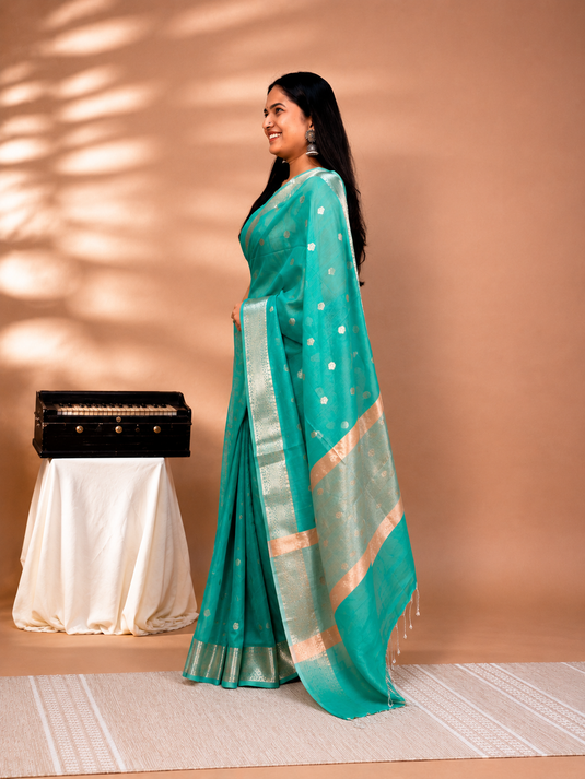 Teal Mul Chanderi Zari Weaving Saree