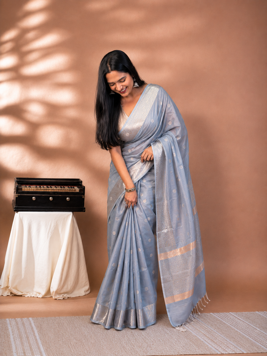 Grey Mul Chanderi Zari Weaving Saree