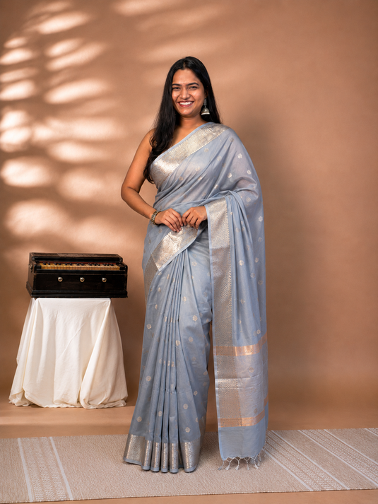 Grey Mul Chanderi Zari Weaving Saree