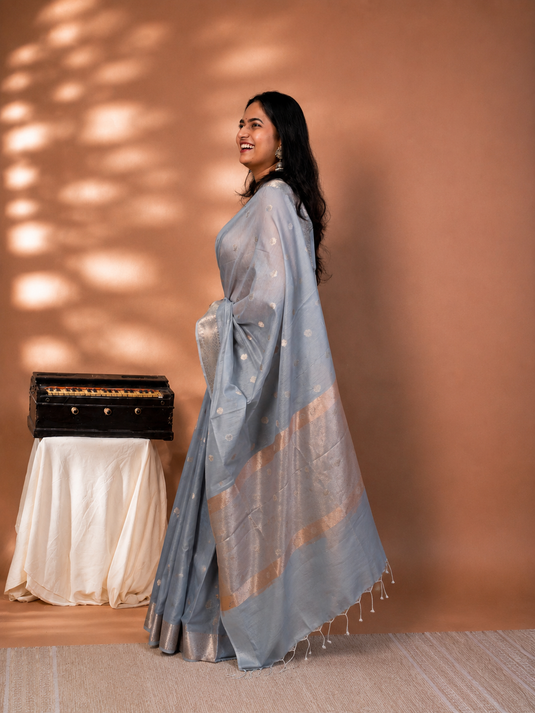 Grey Mul Chanderi Zari Weaving Saree