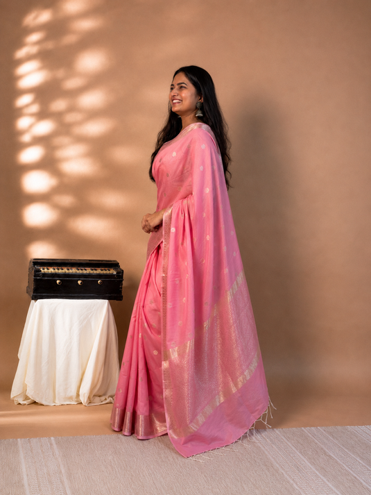 Pink Mul Chanderi Zari Weaving Saree