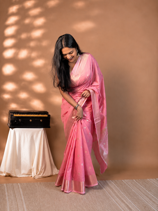 Pink Mul Chanderi Zari Weaving Saree