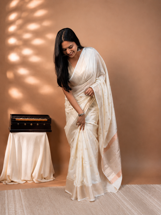 White Mul Chanderi Zari Weaving Saree