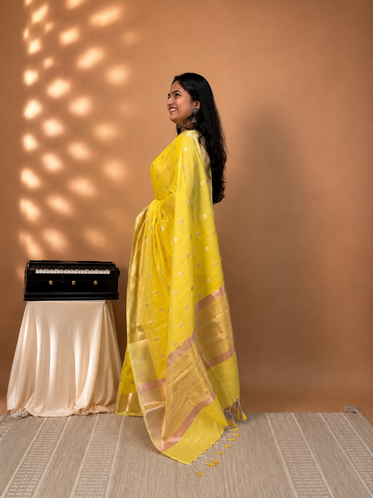 Yellow Mul Chanderi Zari Weaving Saree