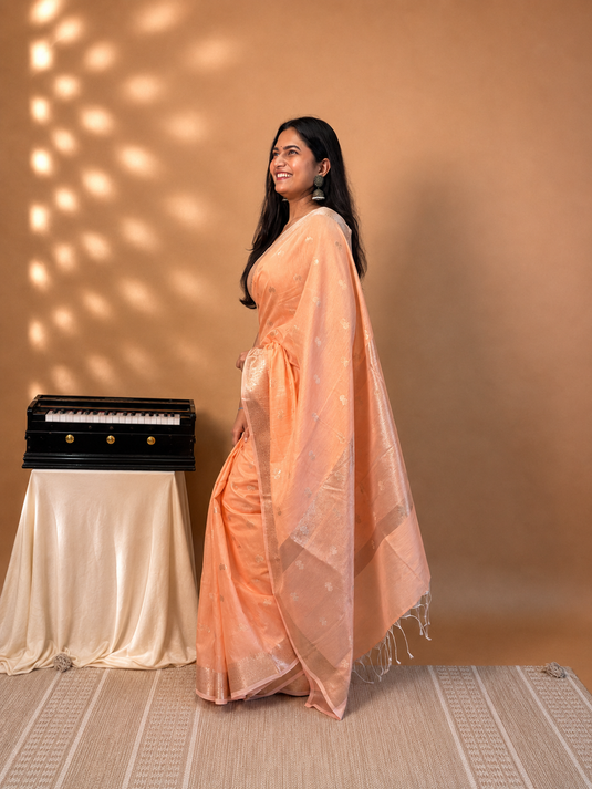 Peach Mul Chanderi Zari Weaving Saree