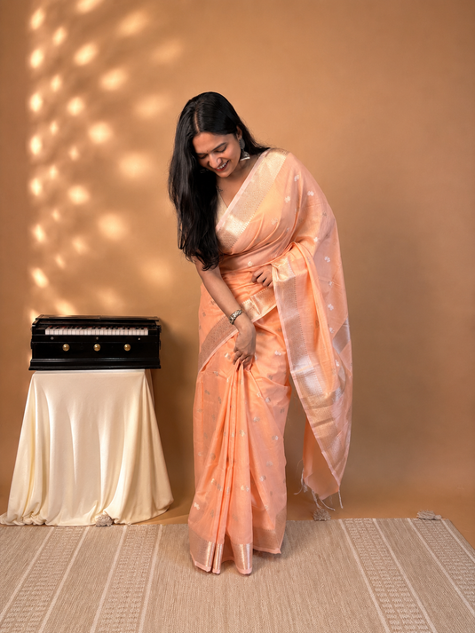 Peach Mul Chanderi Zari Weaving Saree