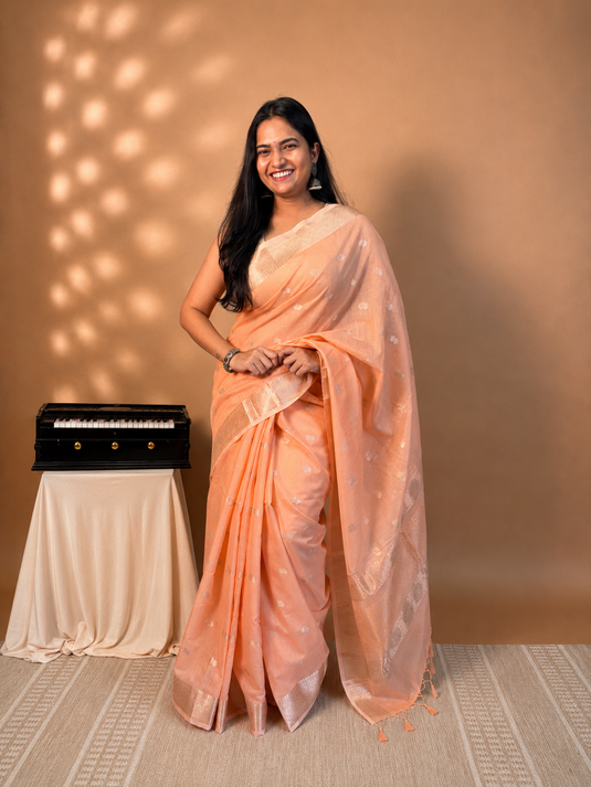 Peach Mul Chanderi Zari Weaving Saree