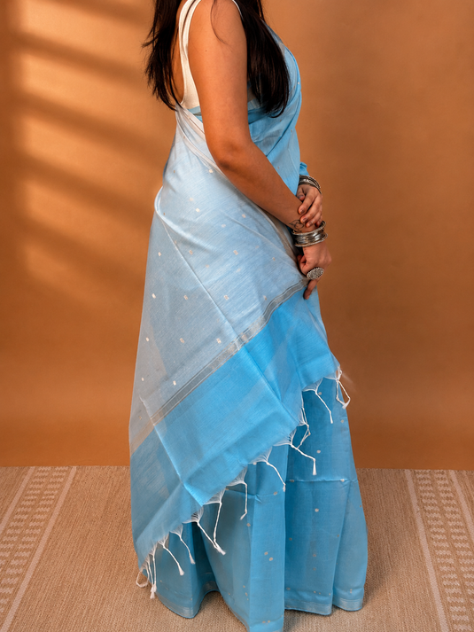 Blue Mul Chanderi Zari Weaving Saree