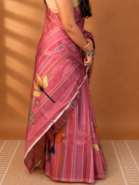 Pink Tussar Printed Saree