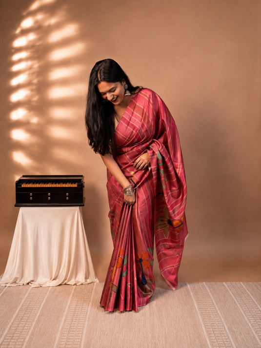 Pink Tussar Printed Saree