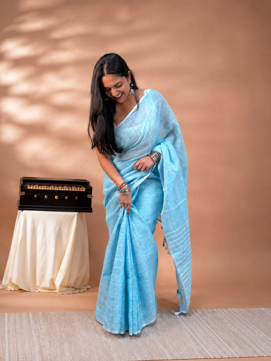 Blue Linen Saree