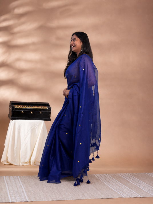 Blue Cotton Tissue  Coin Sequence Saree