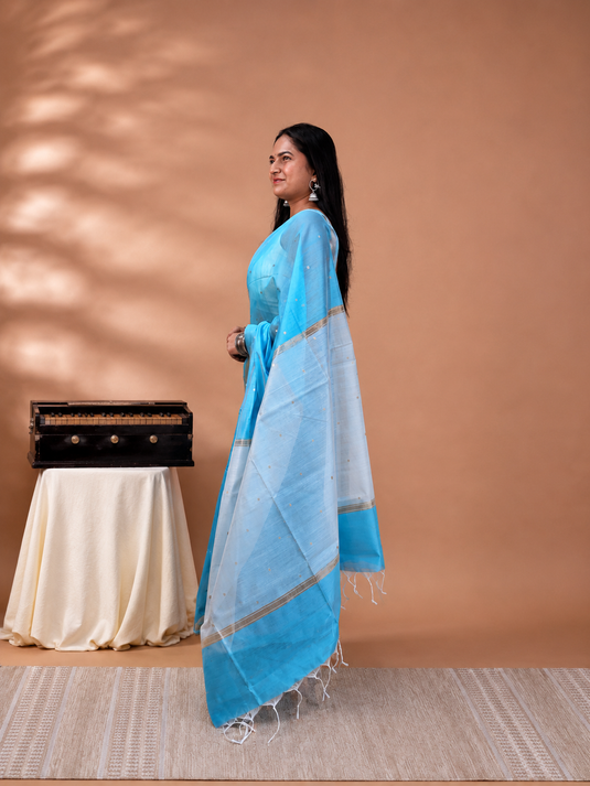 Blue Mul Chanderi Zari Weaving Saree