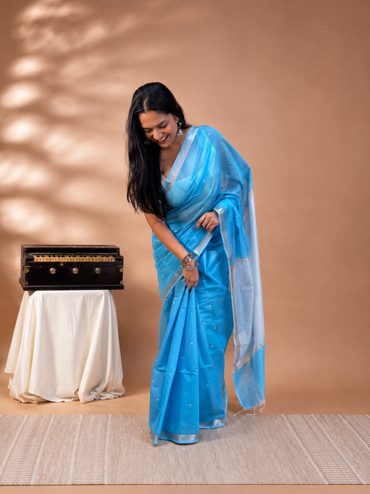 Blue Mul Chanderi Zari Weaving Saree