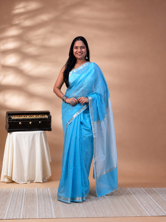 Blue Mul Chanderi Zari Weaving Saree