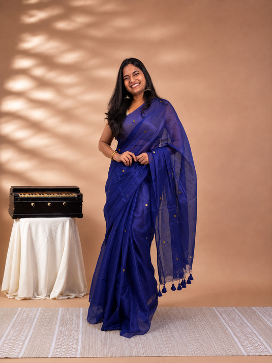 Blue Cotton Tissue  Coin Sequence Saree