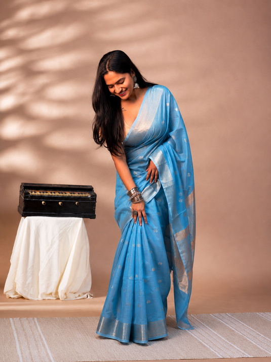 Blue Mul Chanderi Zari Weaving Saree
