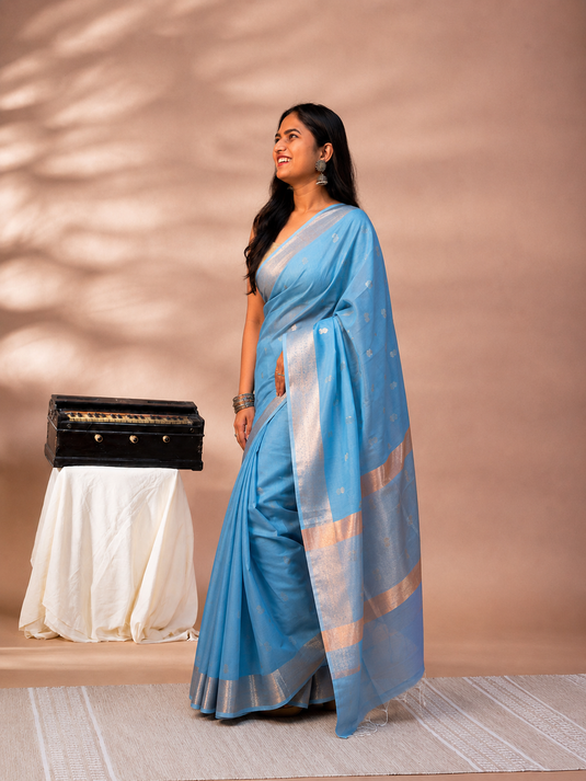 Blue Mul Chanderi Zari Weaving Saree