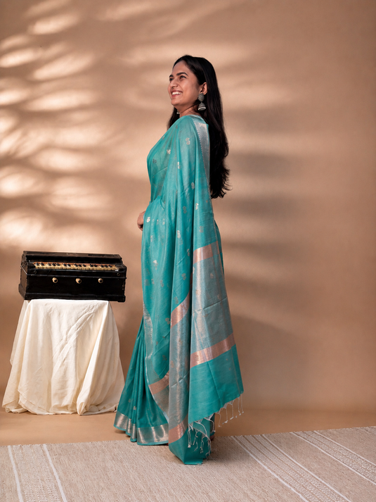 Green Mul Chanderi Zari Weaving Saree