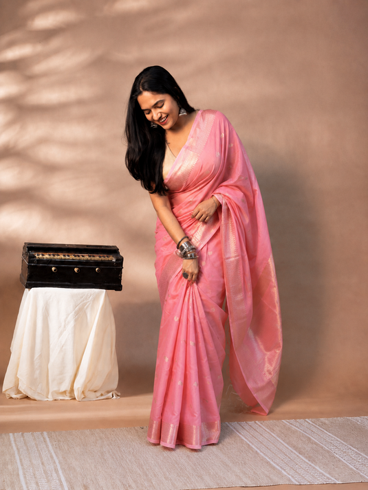 Pink Mul Chanderi Zari Weaving Saree
