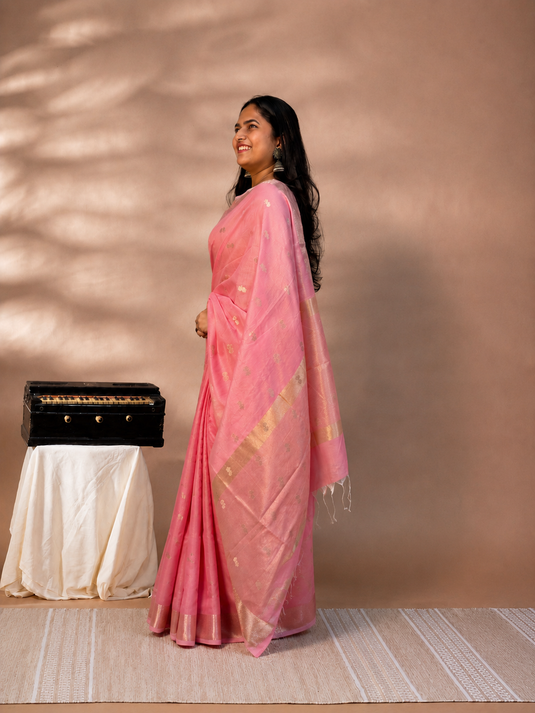 Pink Mul Chanderi Zari Weaving Saree