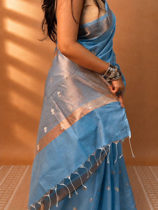 Blue Mul Chanderi Zari Weaving Saree