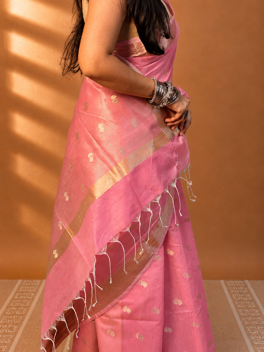 Pink Mul Chanderi Zari Weaving Saree
