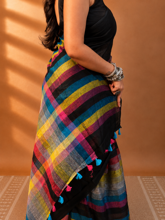 Black Linen Madras Checks Inspired Saree