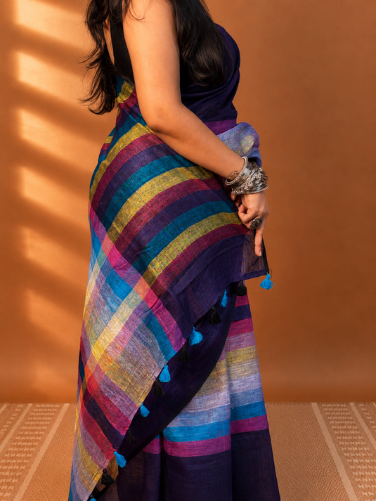 Purple Linen Madras Checks Inspired Saree
