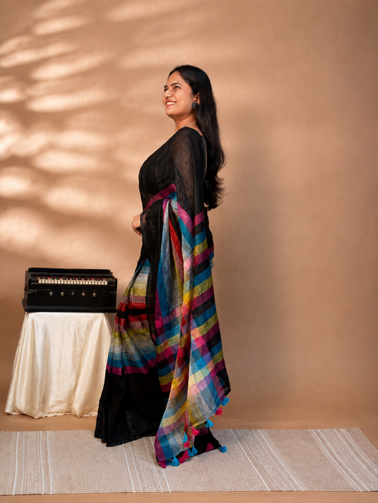 Black Linen Madras Checks Inspired Saree